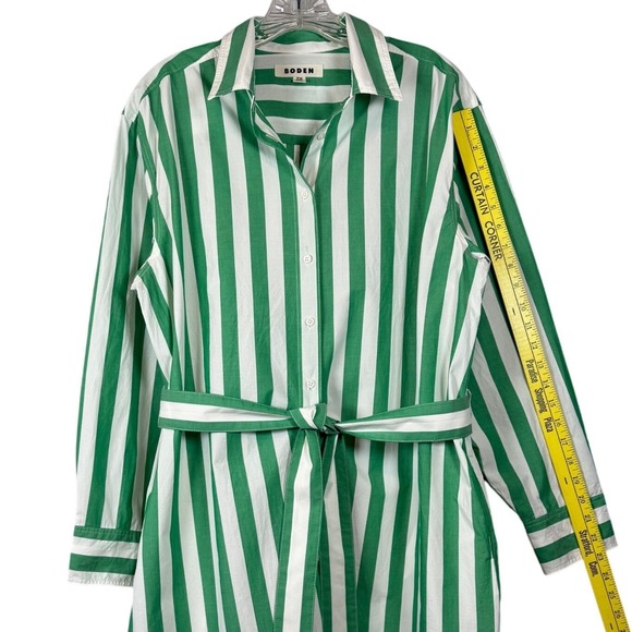 BODEN Relaxed Long Sleeve Cotton Midi Shirt Dress, Green and White Striped, 12R - Picture 6 of 11